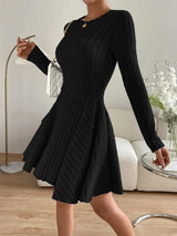Women’s Mini Dress Crew Neck Long Sleeves Ribbed Panel Detail – Dinner Gatherings