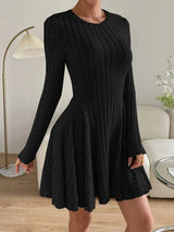 Women’s Mini Dress Crew Neck Long Sleeves Ribbed Panel Detail – Dinner Gatherings