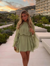 Women's Mini Dress Pleated Ruffle Long Sleeve High Neck – Cocktail Party