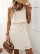 Women's Mini Dress Textured Sleeveless Round Neck Drawstring – Office Wear
