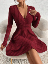 Women’s Mini Dress V-Neck Wrap Front Ribbed Texture Long Sleeves – Birthday Dinners