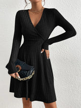 Women’s Mini Dress V-Neck Wrap Front Ribbed Texture Long Sleeves – Birthday Dinners