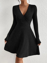 Women’s Mini Dress V-Neck Wrap Front Ribbed Texture Long Sleeves – Birthday Dinners