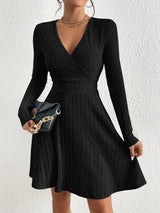 Women’s Mini Dress V-Neck Wrap Front Ribbed Texture Long Sleeves – Birthday Dinners