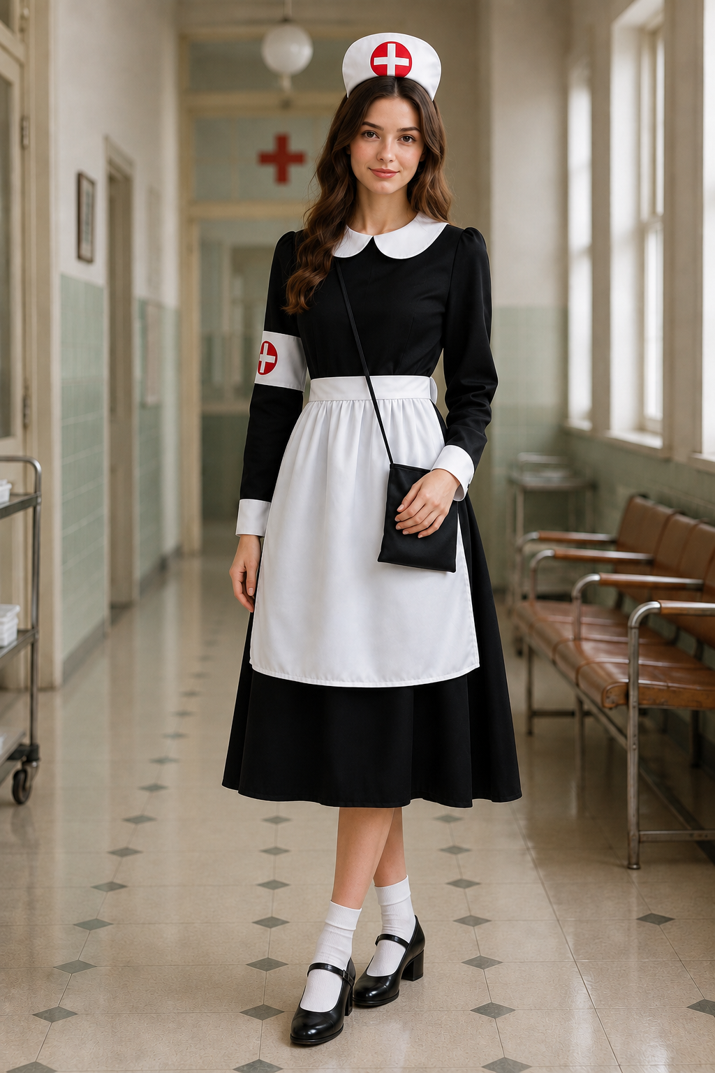 Women's Nurse Costume Peter Pan Collar Apron Set – Halloween Dress-Up Event
