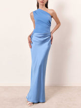 Women's One Shoulder Maxi Dress Draped Waist – Formal Evening