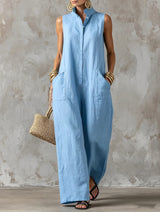 Women's Overall Wide Leg Stand Collar Sleeveless – Beach Vacation