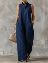 Women's Overall Wide Leg Stand Collar Sleeveless – Beach Vacation