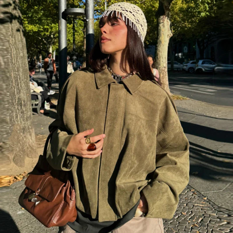 Women's Oversized Bomber Jacket Cropped Zip Front Drop Shoulder – Travel