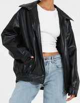 Women's Oversized Leather Look Jacket Zip Front Fold Over Collar Elastic Hem – Bike Ride