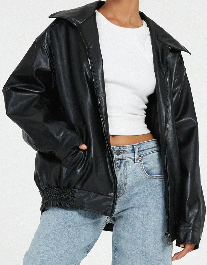 Women's Oversized Leather Look Jacket Zip Front Fold Over Collar Elastic Hem – Bike Ride