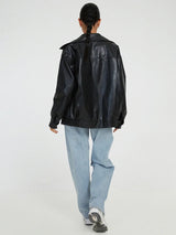 Women's Oversized Leather Look Jacket Zip Front Fold Over Collar Elastic Hem – Bike Ride