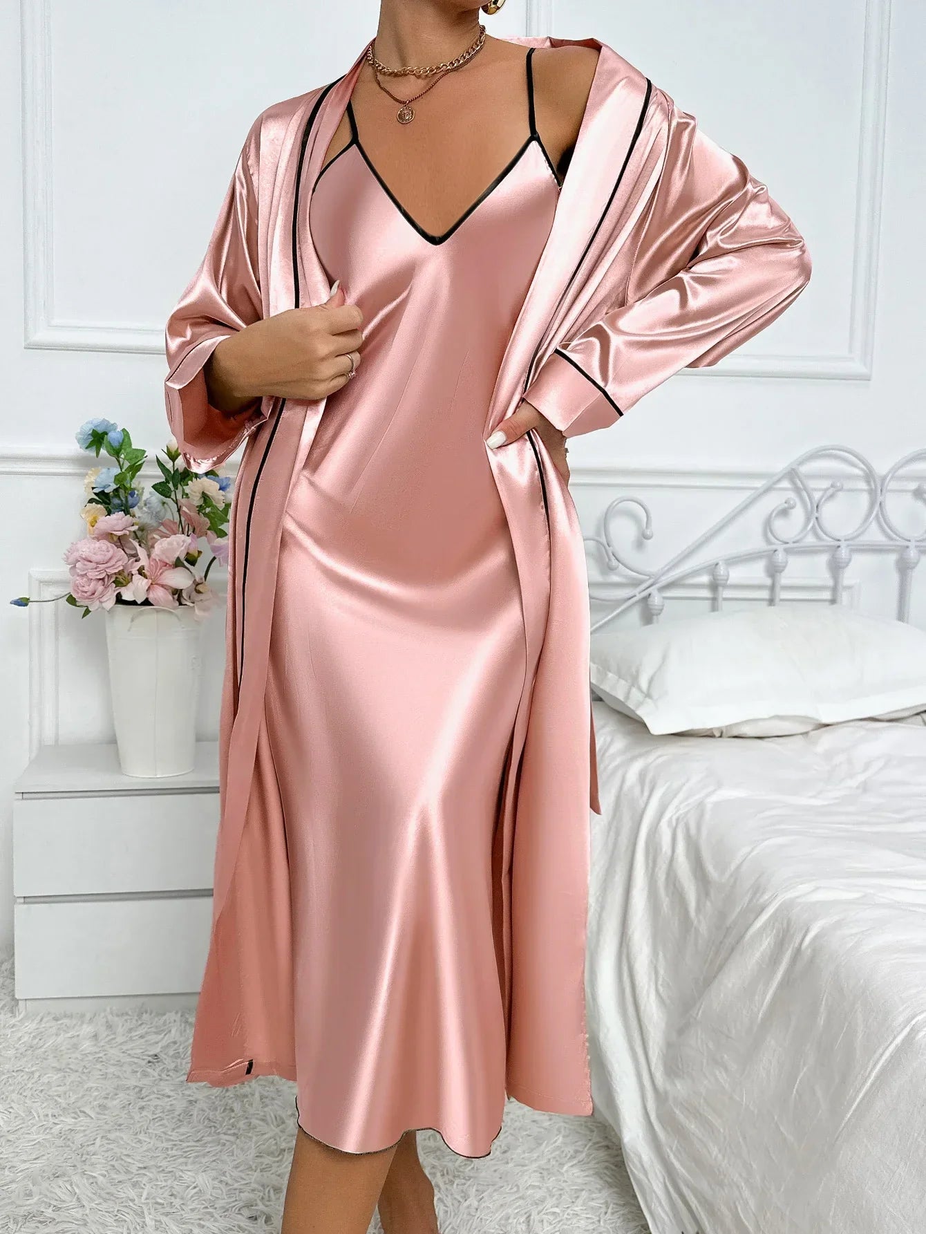 Women's Pajama Set Spaghetti Strap V-Neck - Nightgown Robe Sleepwear