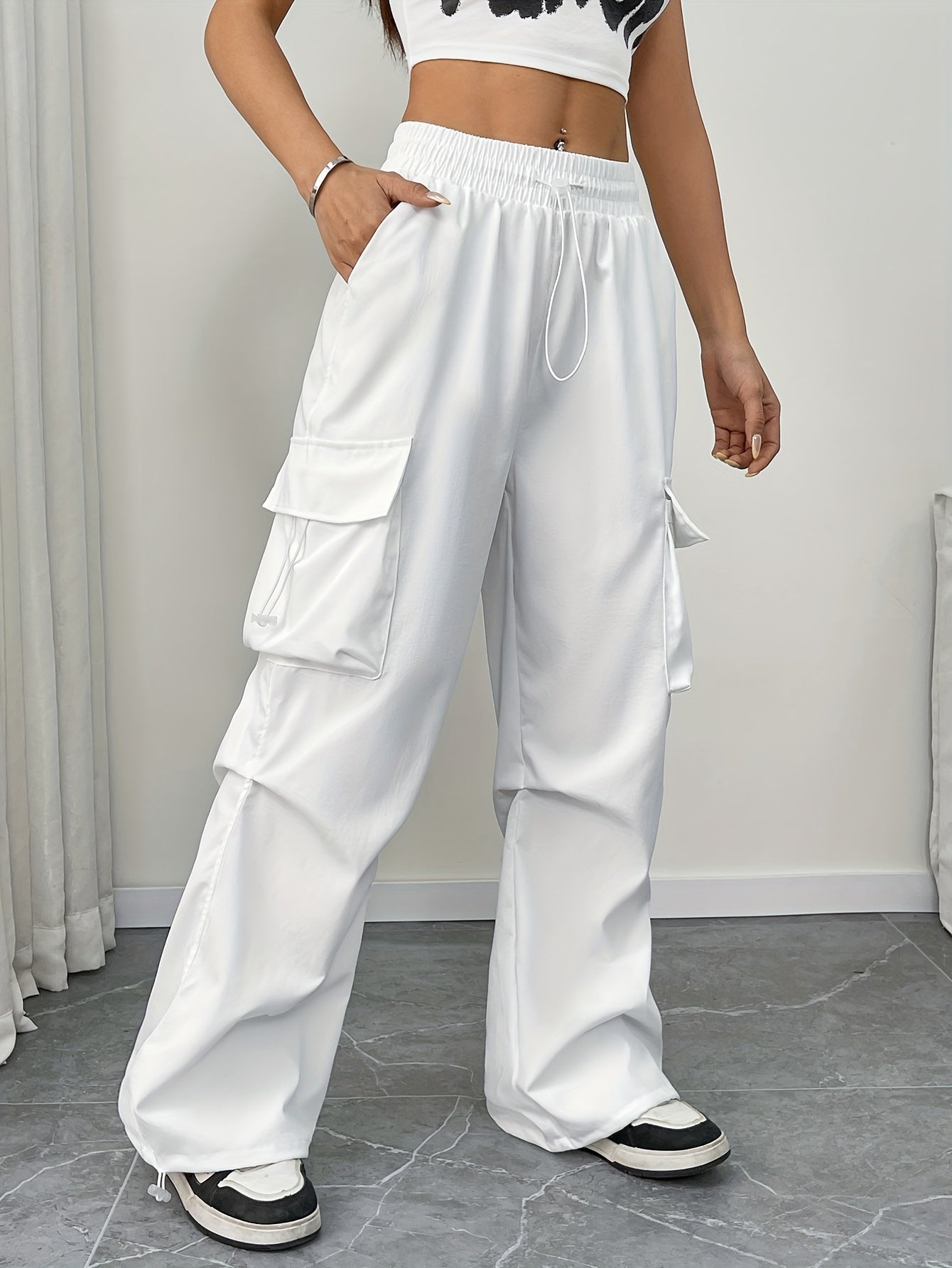 Women's Parachute Pants Cargo Pocket Drawstring Wide Leg – Night Out