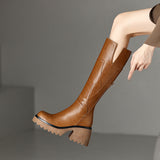 Women's Platform Knee High Boots Round Toe Side Zip Lug Sole – Smart Casual
