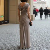Women's Pleated Maxi Dress Draped Cowl Neck Sleeveless – Wedding Guest