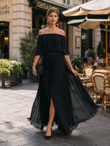 Women's Pleated Maxi Dress Off Shoulder Puff Sleeve – Wedding Guest