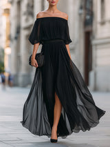 Women's Pleated Maxi Dress Off Shoulder Puff Sleeve – Wedding Guest
