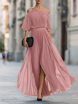Women's Pleated Maxi Dress Off Shoulder Puff Sleeve – Wedding Guest