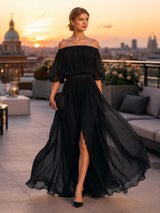 Women's Pleated Maxi Dress Off Shoulder Puff Sleeve – Wedding Guest