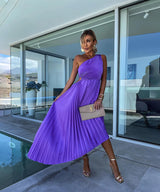 Women's Pleated Midi Dress One Shoulder Ruched Waist – Wedding Guest