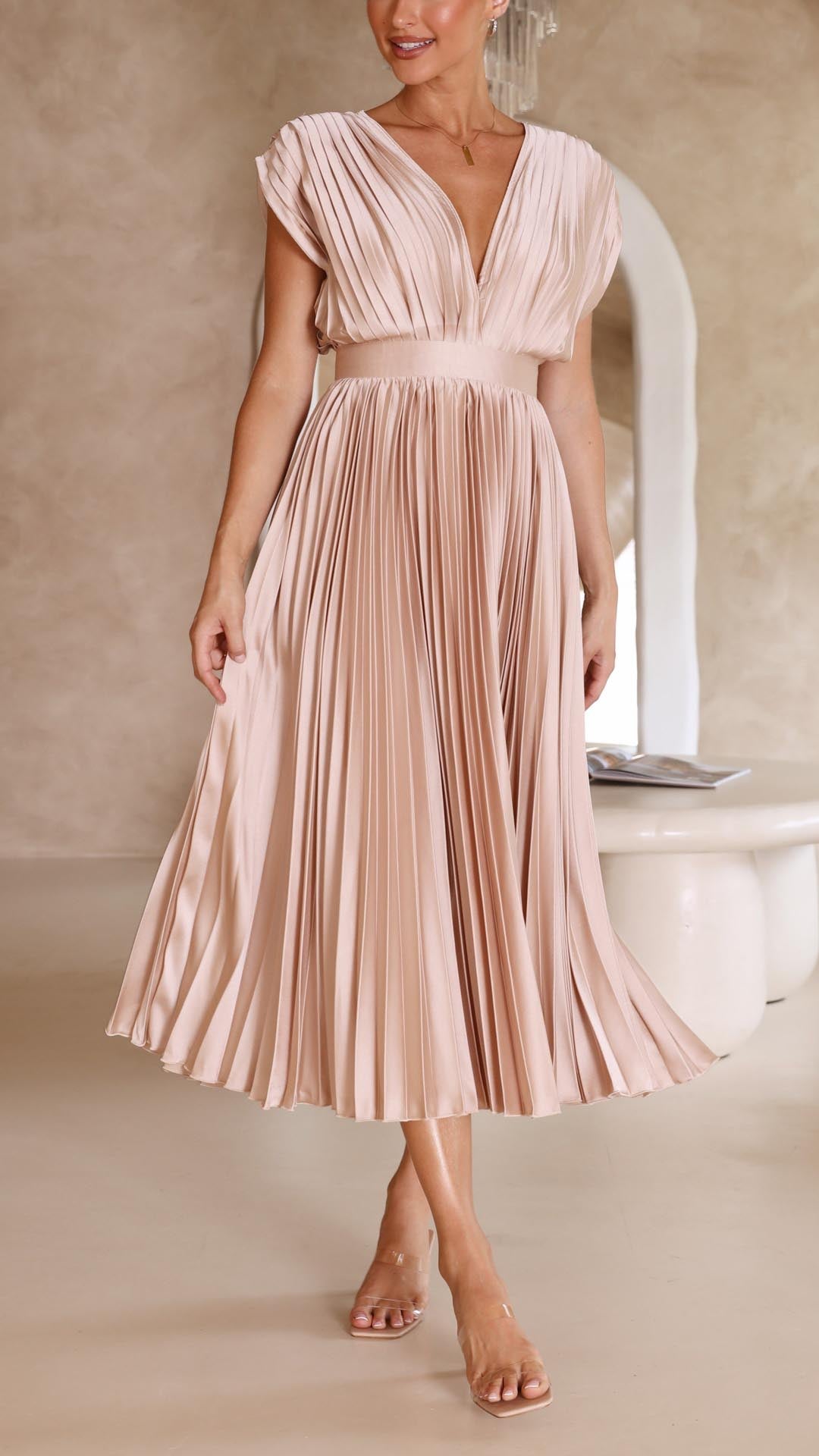 Women's Pleated Midi Dress V Neck Cap Sleeve – Wedding Guest