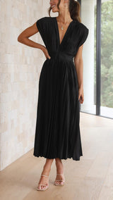 Women's Pleated Midi Dress V Neck Cap Sleeve – Wedding Guest