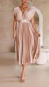 Women's Pleated Midi Dress V Neck Cap Sleeve – Wedding Guest