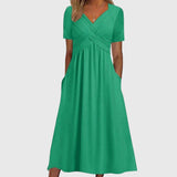 Women's Pleated Midi Dress V-Neck Short Sleeve – Daytime Gatherings