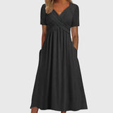 Women's Pleated Midi Dress V-Neck Short Sleeve – Daytime Gatherings