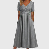 Women's Pleated Midi Dress V-Neck Short Sleeve – Daytime Gatherings
