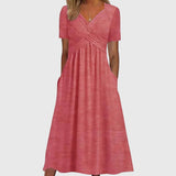 Women's Pleated Midi Dress V-Neck Short Sleeve – Daytime Gatherings