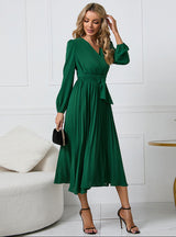 Women's Pleated Midi Dress Wrap V-Neck Long Sleeve – Cocktail Party