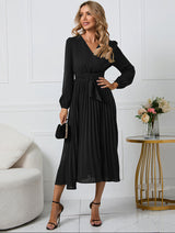 Women's Pleated Midi Dress Wrap V-Neck Long Sleeve – Cocktail Party
