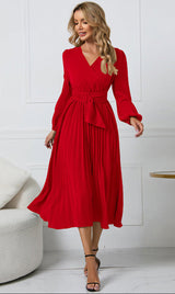 Women's Pleated Midi Dress Wrap V-Neck Long Sleeve – Cocktail Party