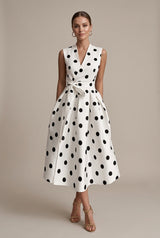 Women’s Polka Dot Midi Cocktail Dress Sleeveless Tie Waist – Anniversary Dinners
