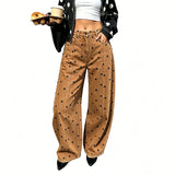 Women's Polka Dot Print High Waist Jeans Button Front Wide Leg – Going Out