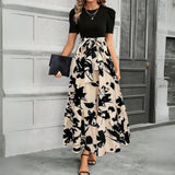 Women's Printed Maxi Dress Tie Waist Crew Neck Short Sleeve – Garden Party