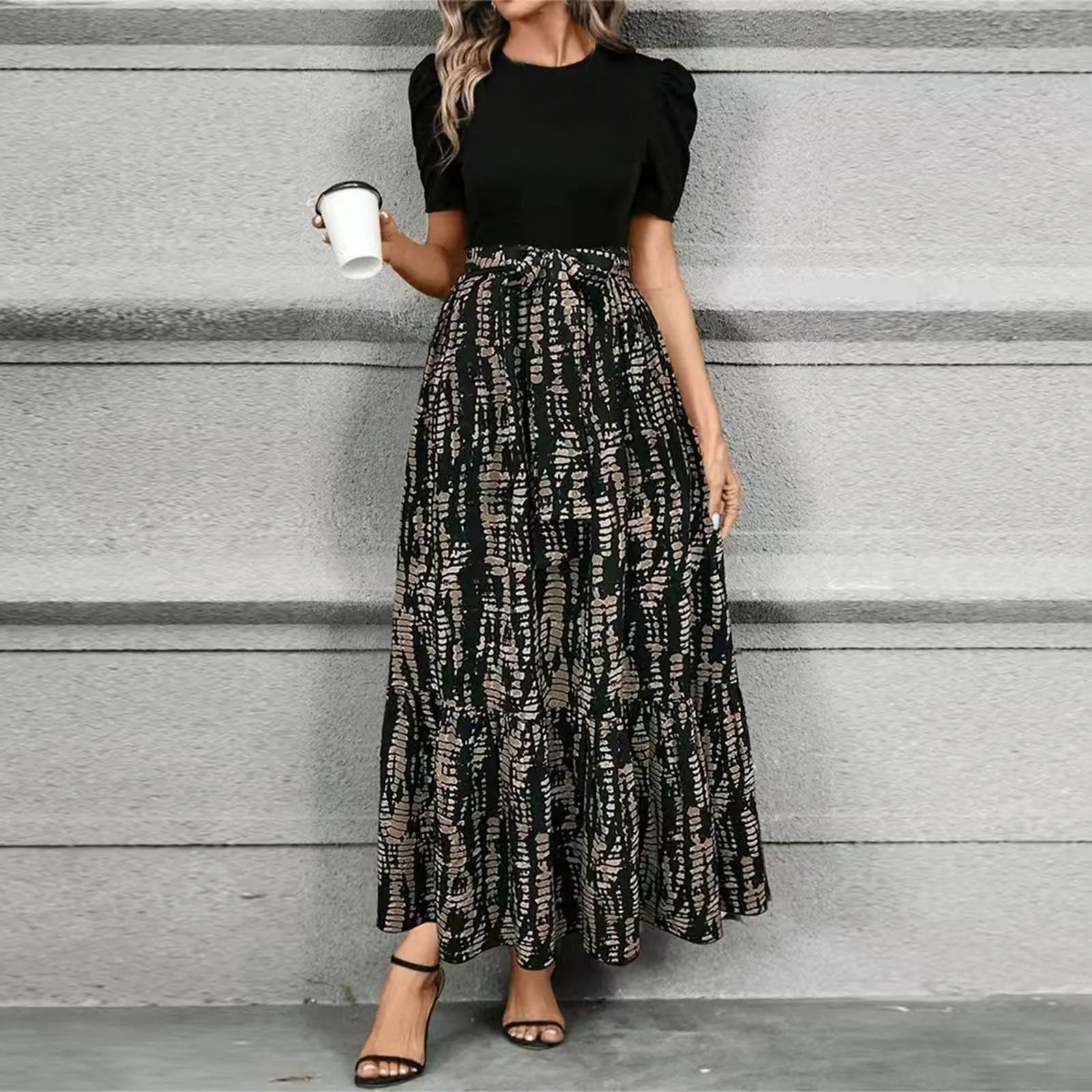 Women's Printed Maxi Dress Tie Waist Crew Neck Short Sleeve – Garden Party