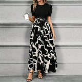 Women's Printed Maxi Dress Tie Waist Crew Neck Short Sleeve – Garden Party
