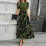Women's Printed Maxi Dress Tie Waist Crew Neck Short Sleeve – Garden Party