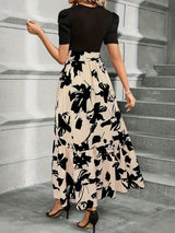 Women's Printed Maxi Dress Tie Waist Crew Neck Short Sleeve – Garden Party