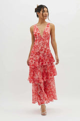 Women's Printed Maxi Dress V Neck Ruffle Sleeve Tiered – Wedding Guest