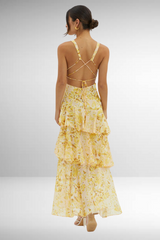 Women's Printed Maxi Dress V Neck Ruffle Sleeve Tiered – Wedding Guest