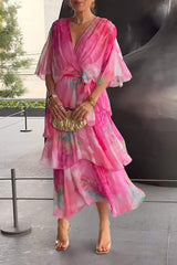 Women's Printed Maxi Dress Wrap V-Neck Tiered Flutter Sleeve – Wedding Guest