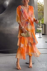 Women's Printed Maxi Dress Wrap V-Neck Tiered Flutter Sleeve – Wedding Guest