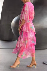 Women's Printed Maxi Dress Wrap V-Neck Tiered Flutter Sleeve – Wedding Guest