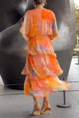 Women's Printed Maxi Dress Wrap V-Neck Tiered Flutter Sleeve – Wedding Guest