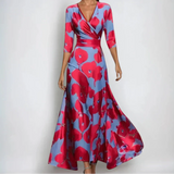 Women’s Printed Maxi Wrap Dress V-Neck Three-Quarter Sleeves – Garden Party