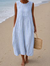 Women's Printed Midi Dress Sleeveless Round Neck – Coastal Getaway